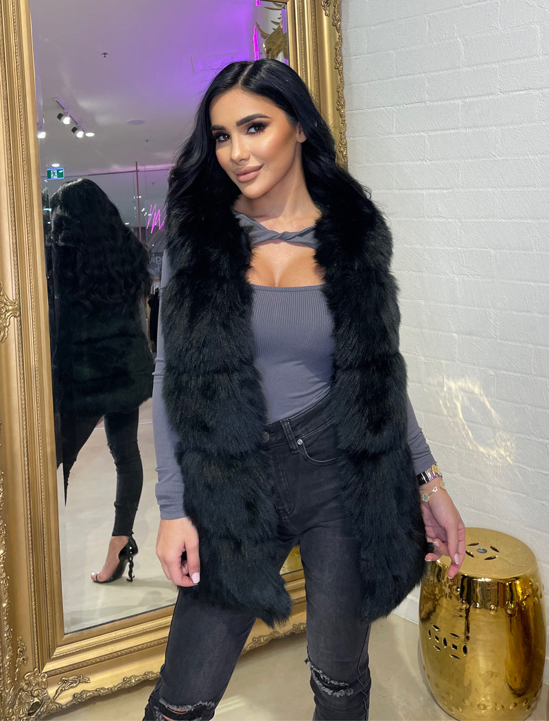 Faux Fur 5 Panel Vest Black PRE ORDER